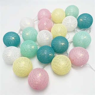 LED lyskæde med bomuldskugler i hvid, gul, pink, mintgrøn og turkis-3 m